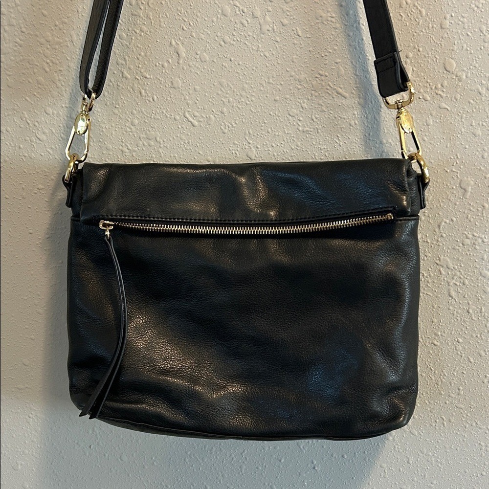 Margot Mickey Double Zip Black Leather Crossbody Bag Slouchy